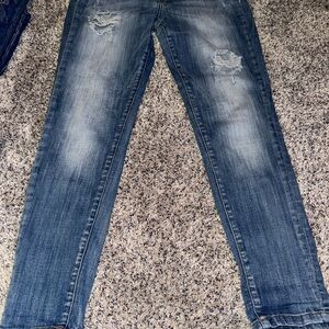 Blue Straight Leg Jeans with Vintage Distressing